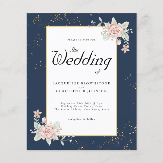 Navy Blue Blush Pink Budget Hochzeit Einladung Fly Flyer (Vorne)