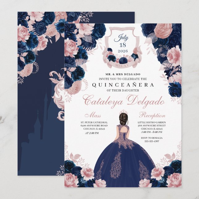 Navy Blue & Blush Pink Floral Elegante Quinceañera Einladung (Vorne/Hinten)
