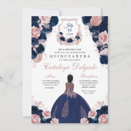 Navy Blue & Blush Pink Floral Elegante Quinceañera Einladung