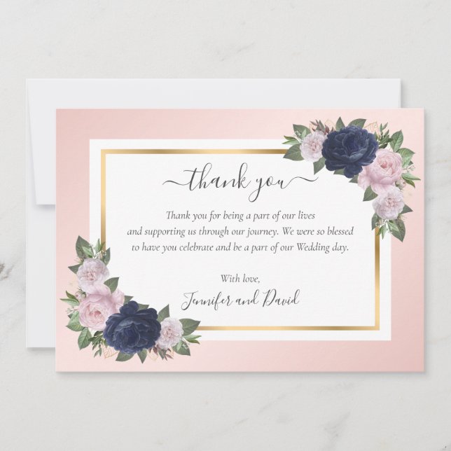 Navy Blue Blush Pink Gold Blumenkarte Dankeskarte (Vorderseite)