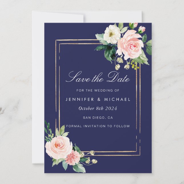 Navy Blue Blush Pink Gold Save the Date Einladung (Vorderseite)