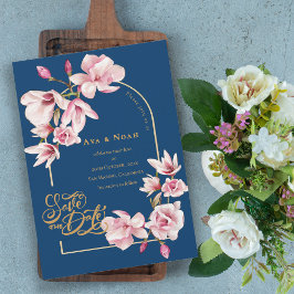 Navy Blue Blush Pink Magnolia Floral Save the Date Einladung