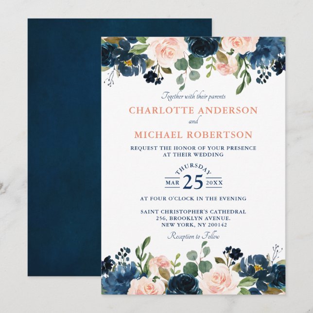 Navy Blue Blush Pink Rose Boho Hochzeit Einladung (Vorne/Hinten)