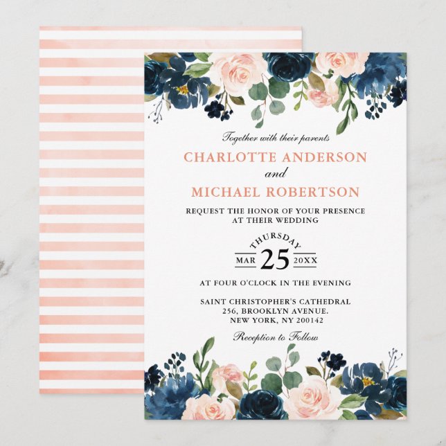 Navy Blue Blush Pink Rose Boho Hochzeit Einladung (Vorne/Hinten)