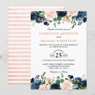 Navy Blue Blush Pink Rose Boho Hochzeit Einladung