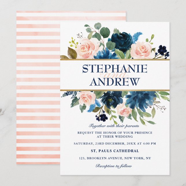 Navy Blue Blush Pink Rose Boho Hochzeit Einladung (Vorne/Hinten)