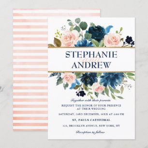 Navy Blue Blush Pink Rose Boho Hochzeit Einladung