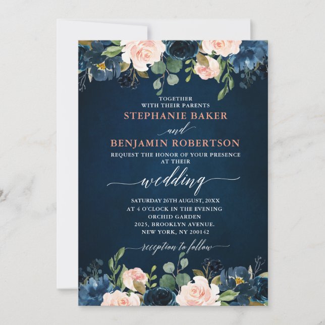 Navy Blue Blush Pink Rose Boho Hochzeit Einladung (Vorderseite)