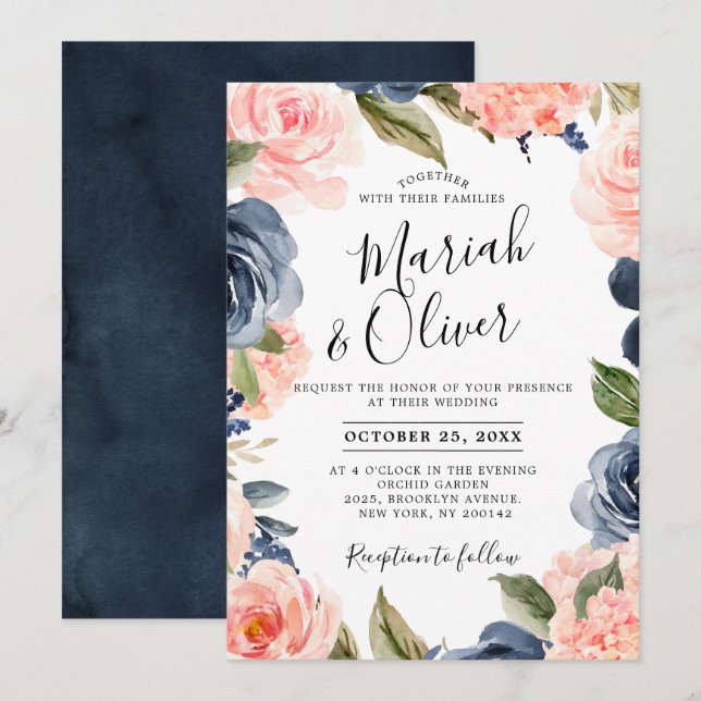 Navy Blue Blush Pink Rose Boho Hochzeit Einladung (Vorne/Hinten)