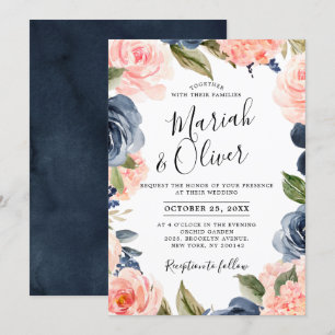 Navy Blue Blush Pink Rose Boho Hochzeit Einladung