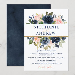 Navy Blue Blush Pink Rose Boho Hochzeit Einladung