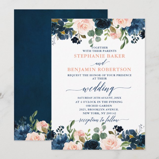 Navy Blue Blush Pink Rose Boho Hochzeit Einladung (Vorne/Hinten)