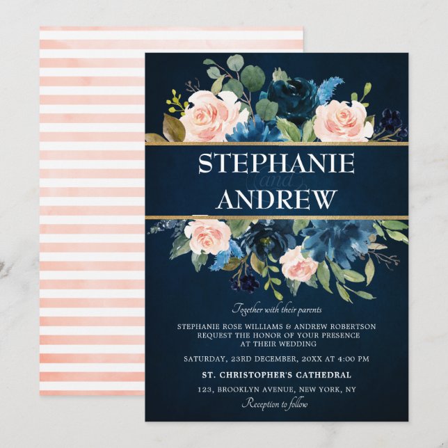 Navy Blue Blush Pink Rose Boho Hochzeit Einladung (Vorne/Hinten)