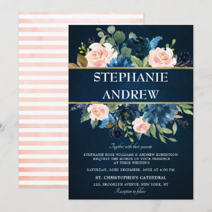 Navy Blue Blush Pink Rose Boho Hochzeit Einladung