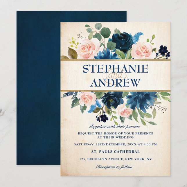 Navy Blue Blush Pink Rose Boho Hochzeit Einladung (Vorne/Hinten)