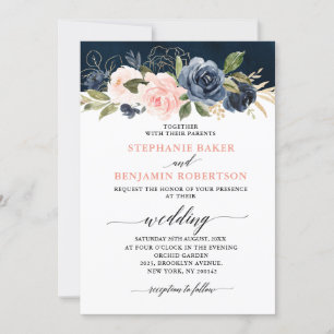 Navy Blue Blush Pink Rose Boho Hochzeit Einladung