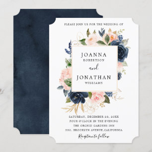 Navy Blue Blush Pink Rose Boho Hochzeit Einladung