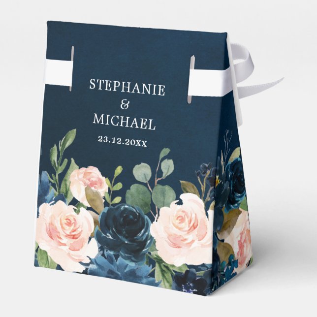Navy Blue Blush Pink Rose Boho Hochzeit Geschenkschachtel (Rückseite)