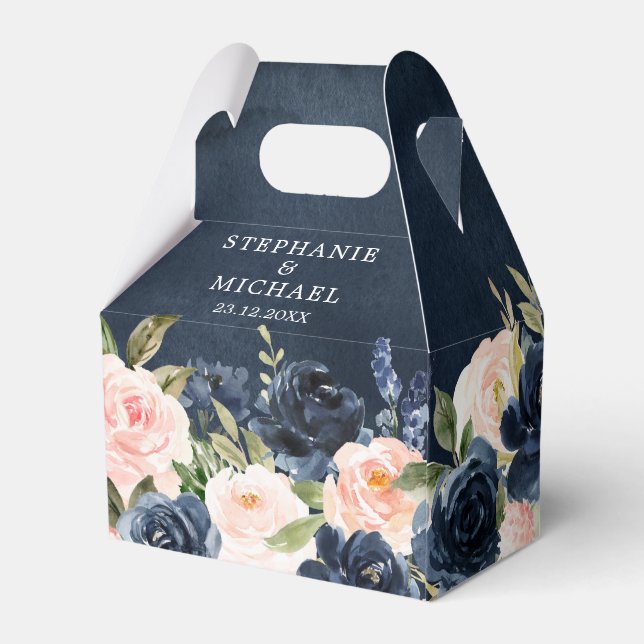 Navy Blue Blush Pink Rose Boho Hochzeit Geschenkschachtel (Rückseite)