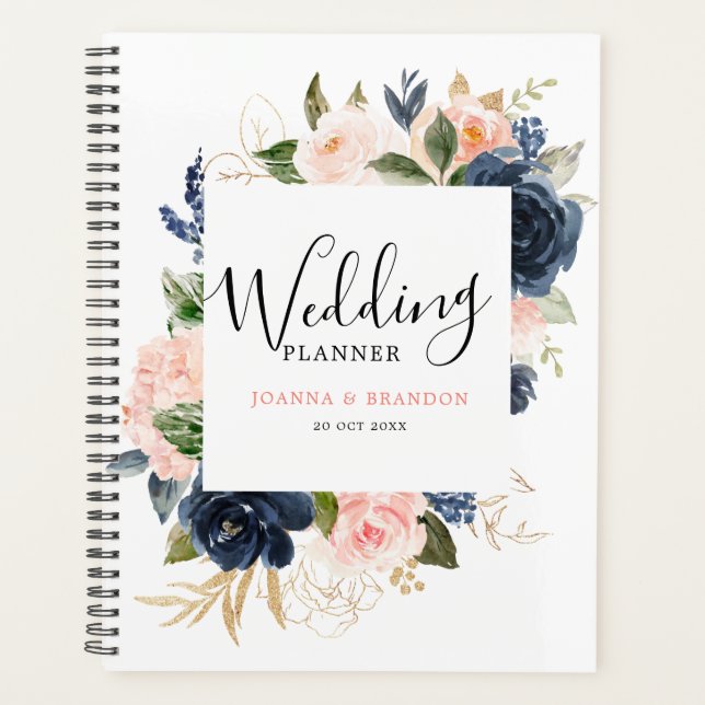 Navy Blue Blush Pink Rose Boho Hochzeit Planer (Vorderseite)