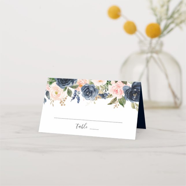 Navy Blue Blush Pink Rose Boho Hochzeit Platzkarte (Vorderseite)
