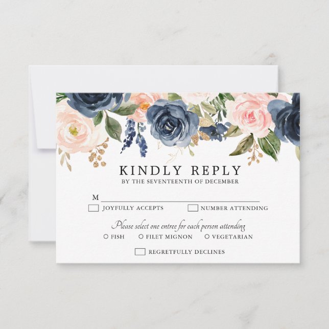 Navy Blue Blush Pink Rose Boho Hochzeit RSVP Karte (Vorderseite)