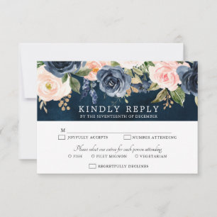 Navy Blue Blush Pink Rose Boho Hochzeit RSVP Karte
