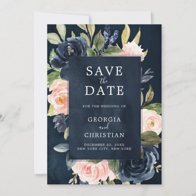 Navy Blue Blush Pink Rose Boho Hochzeit Save The Date (Vorderseite)