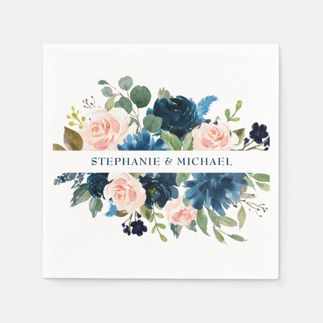 Navy Blue Blush Pink Rose Boho Hochzeit Serviette (Vorderseite)