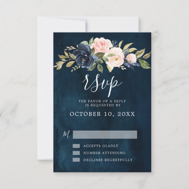 Navy Blue Blush Pink Rose Boho Wedding RSVP (Vorderseite)