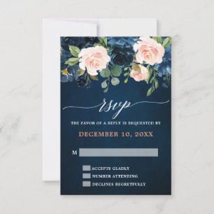 Navy Blue Blush Pink Rose Boho Wedding RSVP Karte