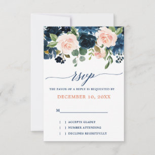 Navy Blue Blush Pink Rose Boho Wedding RSVP Karte