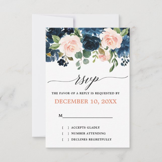 Navy Blue Blush Pink Rose Boho Wedding RSVP Karte (Vorderseite)