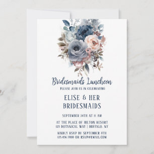 Navy Blue Blush Pink Roses Bridesmaids Luncheon Einladung