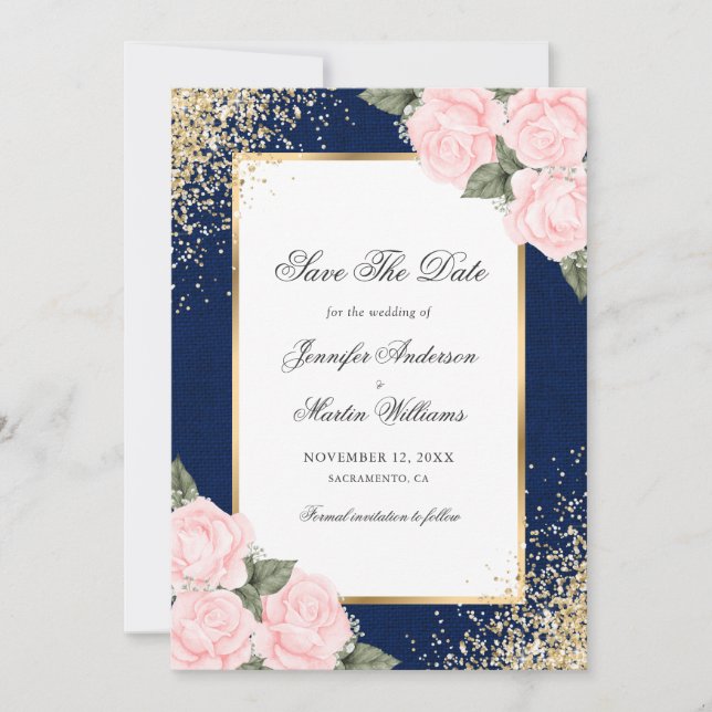 Navy Blue Blush Pink Roses Foto Save the Date (Vorderseite)