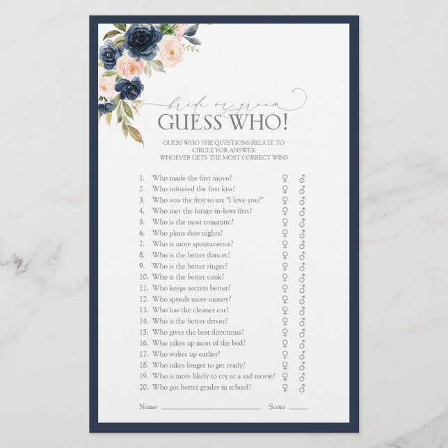 Navy Blue Blush Pink Watercolor Brautparty Game (Vorderseite)