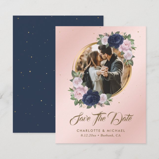 Navy Blue Blush Pink Wedding Foto Save the Date Ankündigung (Vorne/Hinten)