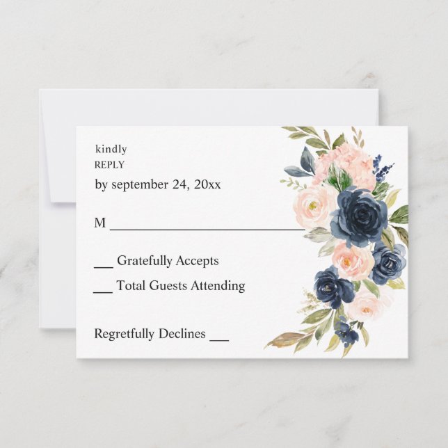 Navy Blue & Blush Rose Floral no Repas RSVP (Devant)