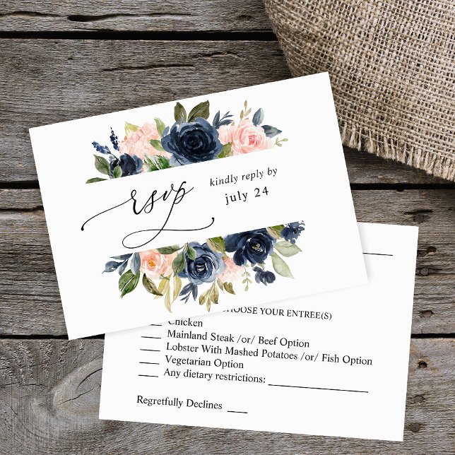 Navy Blue & Blush Rose Floral w Repas RSVP (Créateur téléchargé)
