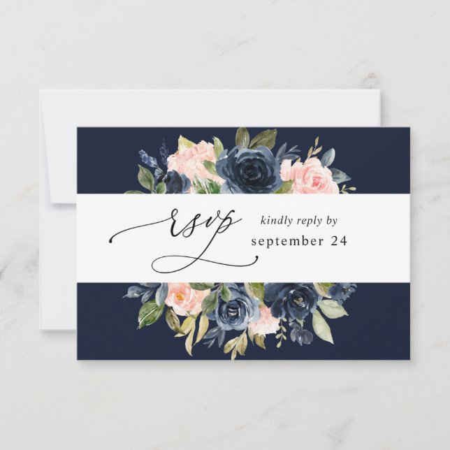 Navy Blue & Blush Rose Floral w Repas RSVP - Navy (Devant)