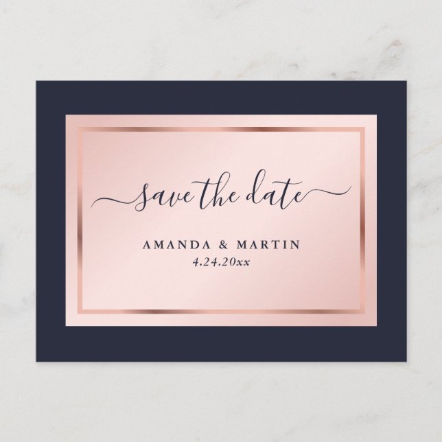 Navy Blue Blush Rose Gold Hochzeit speichern das D Ankündigungspostkarte (Vorderseite)