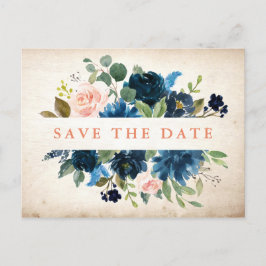 Navy Blue Blush Rosen Rustic Boho Save the Date Ankündigungspostkarte