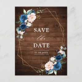 Navy Blue Blush Rustic Wood Gold Save the Date Postkarte