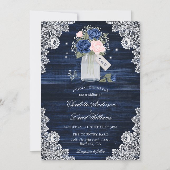 Navy Blue Blush Wood Lace Mason Jar Floral Wedding Einladung (Vorderseite)