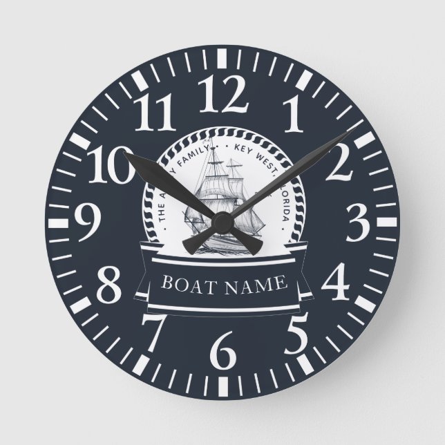 Navy Blue Boat Family Name Runde Wanduhr (Vorderseite)