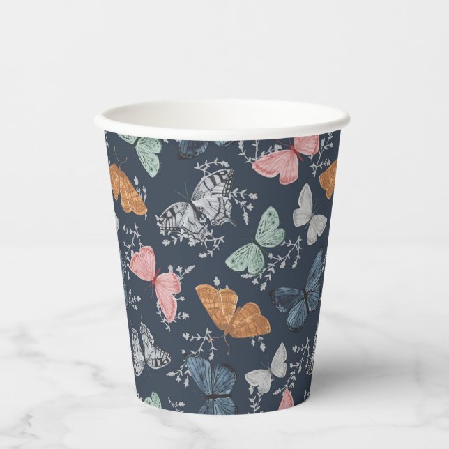 Navy Blue Boho Butterfly Dusche Party Geschirr Pappbecher (Vorderseite)