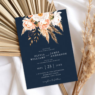 Navy Blue Boho Chic Floral Wedding Einladung