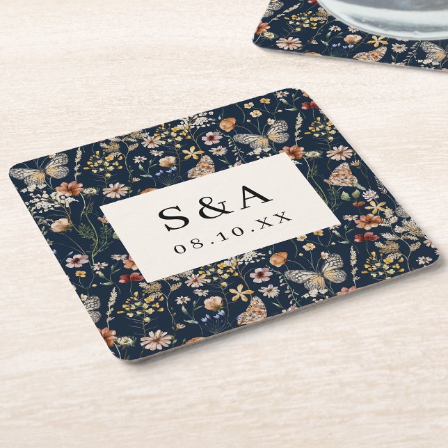 Navy Blue Boho Floral Wedding Rechteckiger Pappuntersetzer (Navy Blue Boho Floral Wedding Square Paper Coaster Monogram by Painted Paperie
)