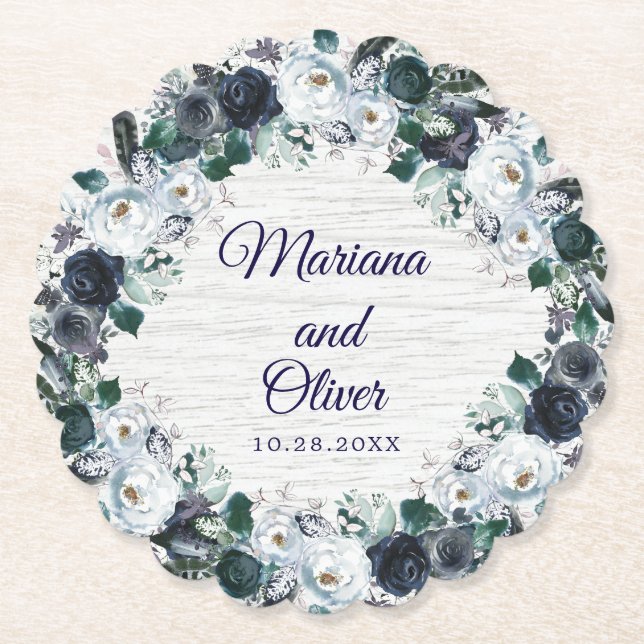 Navy Blue Boho Floral Wedding Untersetzer (Vorderseite)