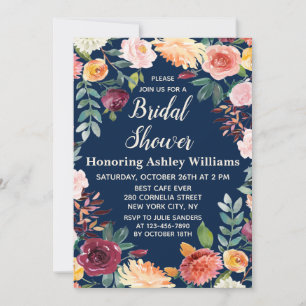 Navy Blue Boho Greenerenerity Fall Floral Brautpar Einladung